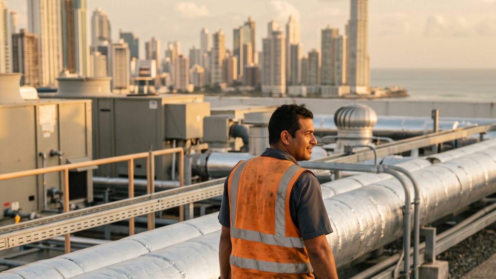 Técnico de SUMECSA revisando tuberías con aislamiento térmico en azotea, con el skyline de Ciudad de Panamá al fondo