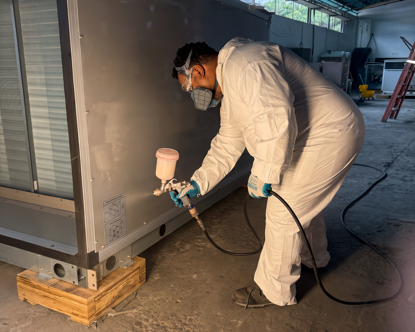 Técnico de SUMECSA aplicando Aqua Aero sobre una unidad HVAC&R